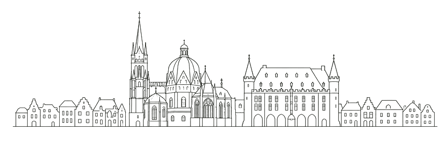 Linienzeichnung der Aachener Altstadt mit Dom und Rathaus