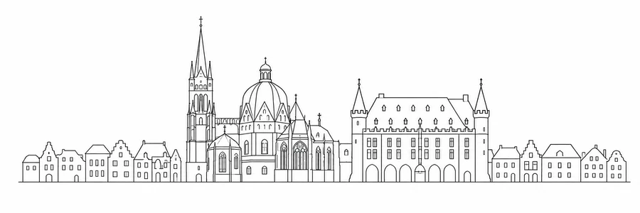 Linienillustration der Aachener Altstadt mit Dom und Rathaus