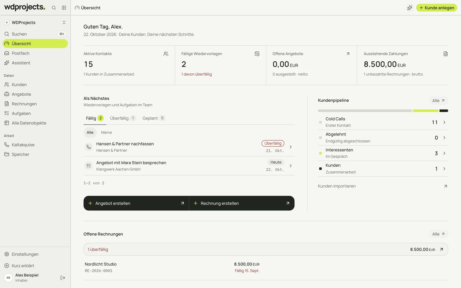 Übersicht des WDProjects CRM: Kennzahlen zu Kontakten, Wiedervorlagen, Angeboten und offenen Zahlungen, darunter fällige Aufgaben und die Kundenpipeline